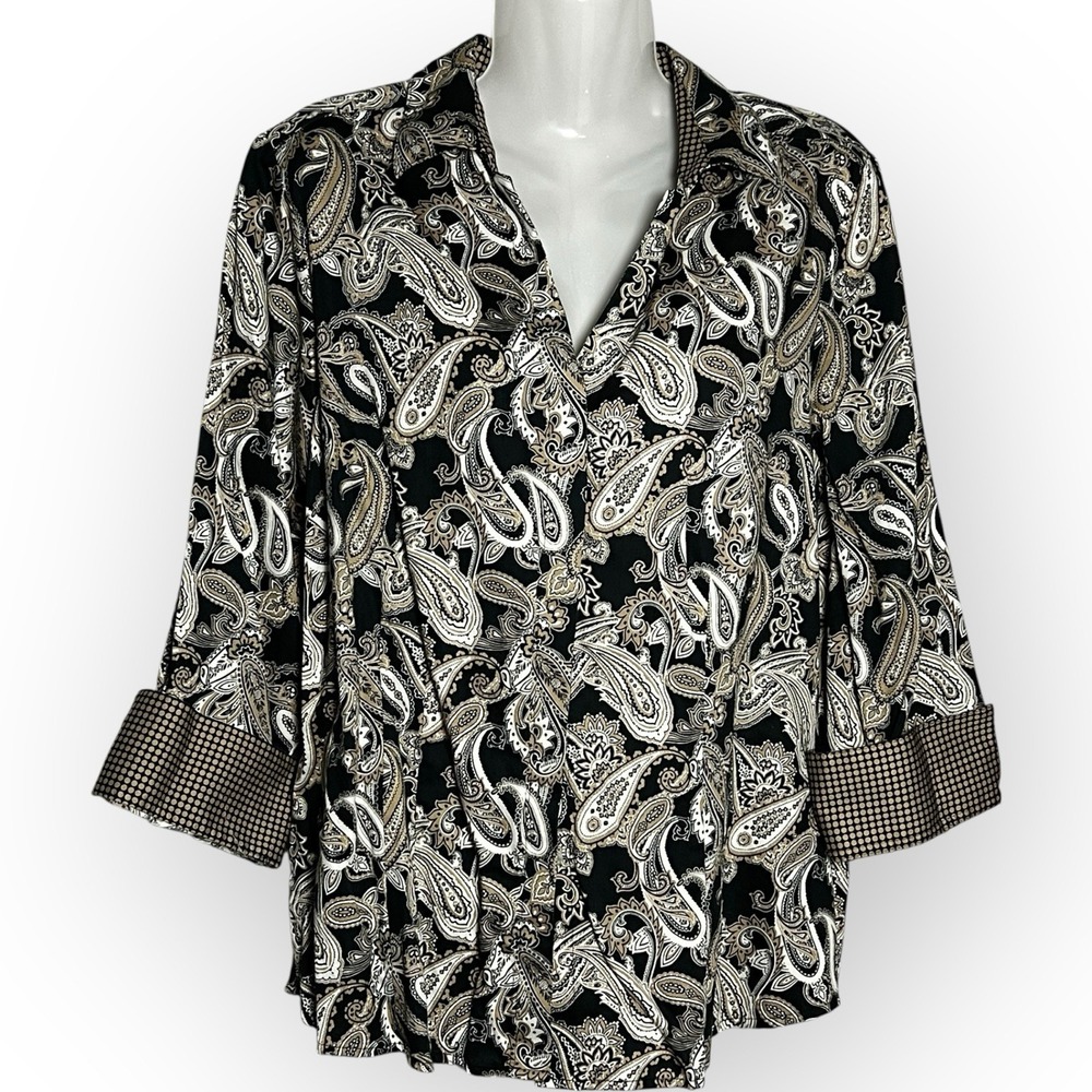 Foxcroft Wrinkle Free Shirt Womens Sz 14 Fitted Paisley Brown Black White Office